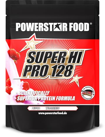 Powerstar SUPER HI PRO 128 | Mehrkomponenten Protein-Pulver Strawberry 1kg | Höchstmögliche Biologische Wertigkeit | Eiweiß-Pulver mit 79% Protein i.Tr. | Protein-Shake zum Muskelaufbau & Low Carb | Protein-Shake Muskelaufbau und Low Carb - Eiweißpulver Erdbeere - Aminosäuren Amino Säuren - Biologische Wertigkeit