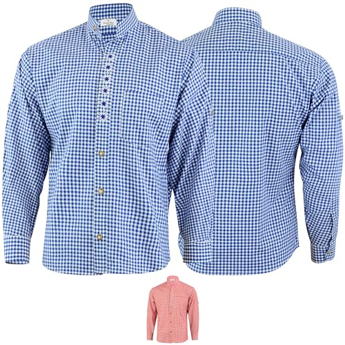 German Wear Trachtenhemd mit Edelweiß-Stickerei Stehkragen 100% Baumwolle, Größe:S, Farbe:Dunkelblau