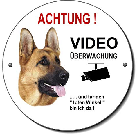 Schäferhund-Video-Überwachung-Rund-Schild-120 mm Ø - 3 mm Aluminium Verbund-Hund-Tierschild-Warnschild-Hinweisschild (1457-4 mit Löcher)