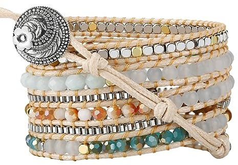PLTGOOD Boho 5 Wrap Bead Bracelet for Men Women - Handmade Adjustable Natural Chakras Stone Crystal Beaded Bracelets Cuff Rope Yoga Healing Bracelet Bangle Hippie Jewelry