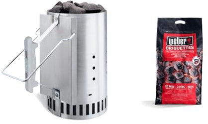 Weber 17591 - Briquetas De Carbón Vegetal para Barbacoa, 8 Kg, 1 Unidad + 7416 - Chimenea De Encendido Rapidfire