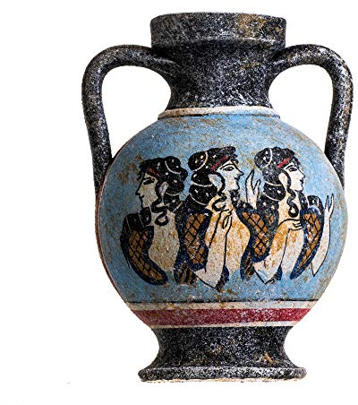Mural de ánfora minoica griega antigua para damas, en color azul, hecho a mano, jarrón de cerámica pequeño