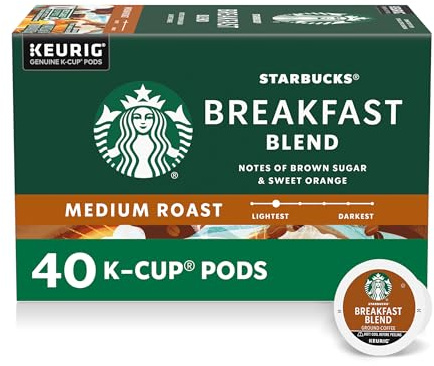 Starbucks K-Cup Coffee Pods, Medium Roast Hot or Iced Coffee, Breakfast Blend, 40 Keurig Pods