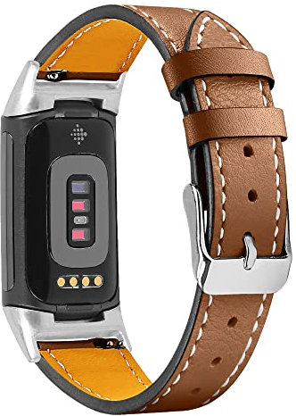 AISPORTS Leather Strap Compatible for Fitbit Charge 6/5 Strap for Women Men, Soft Breathable Leather Sport Wristband Metal Buckle Clasp Bracelet Replacement Band for Fitbit Charge 6/5
