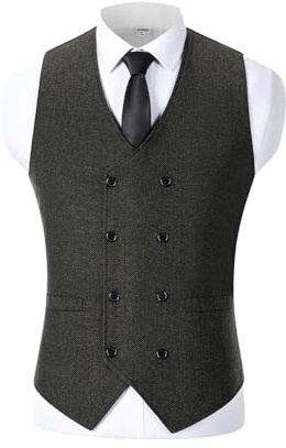 Traje de hombre anual chaleco de dos filas de lana Tweed chaleco para boda Groomsmen, Verde militar., L