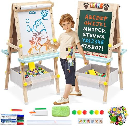 Kids Easel with Paper Roll Double-Sided Whiteboard & Chalkboard Wooden Art Easel Height Adjustable Standing Easel with Bead Numbers Alphabet Animal Accessories for Toddlers Boys Girls