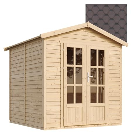 TIMBELA M351FB Cabane en Bois avec Plancher et Bardeaux Bitumineux Marron, L233xP222xH233 cm – Abri Multifonctionnel, Bureau, Atelier, Studio Jardin