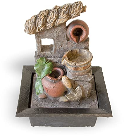 NATIV Zimmerbrunnen Toskana mit LED Beleuchtung | mediterraner Tischbrunnen zur Entspannung | dekorativer Zierbrunnen mit südländischem Flair | Wasserbrunnen für Zuhause und Büro Grau