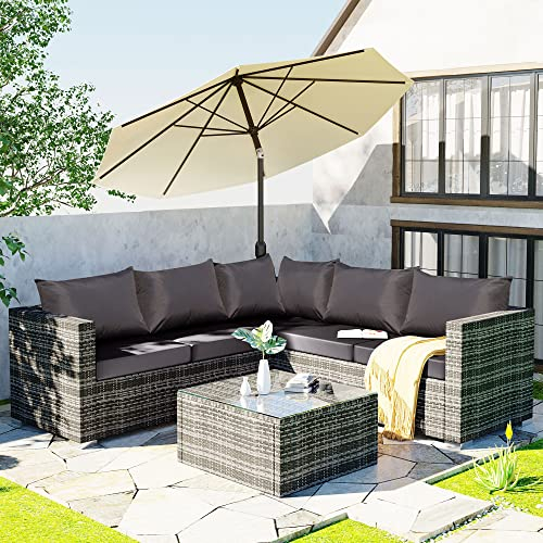 ZYLOYAL10 Polyrattan Lounge Set Sofa, 5-Sitzer-Gartenmöbel-Set mit grauen Anti-UV-Kissen, abnehmbare Bezüge, Rattan-Ecksofa mit Einzelsofa und Couchtisch für 4-5 Personen