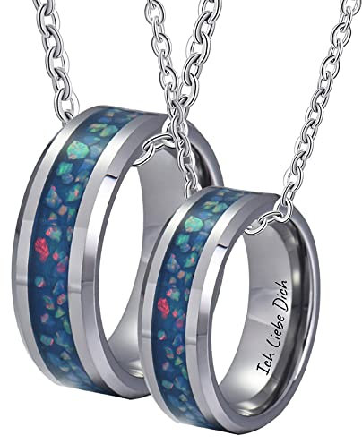 Dsnyu 2 Stück Partner Ketten Gravur Ich Liebe Dich, Einlegeopal Halskette Damen 50CM/ 60CM, Wolfram Charm Ketten Silber Blau