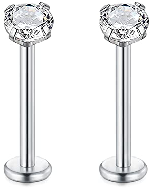 Rajnard Silber Lippenpiercing Stud 16G 1.2mm Chirurgenstahl Helix Ohrringe 12mm Länge Cartilage Tragus Labret Piercing mit 4mm Zirkon Innengewinde Piercing Schmuck für Frauen Männer