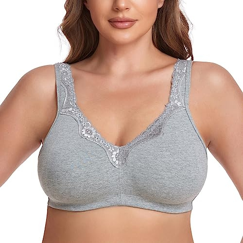 Ayigedu Women's Wireless Plus Size Lace Comfort Cotton Bra Full Coverage Unlined Minimizer Bra 40GG Grey