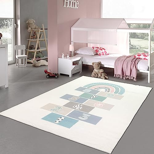 Teppich-Traum Kinderteppich Hochflor Hüpfkästchen Creme Bunt 160x230 cm