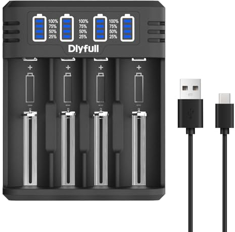 Dlyfull 18650 Ladegerät, 4 Fach Universal Akku Ladegerät mit LED Anzeige, Schnell USB-C Batterieladegerät für 18650 21700 17500 16340 26650 AA AAA C 3,7V Li-Ion Akkus 1,2V NI-MH/NI-CD Batterie