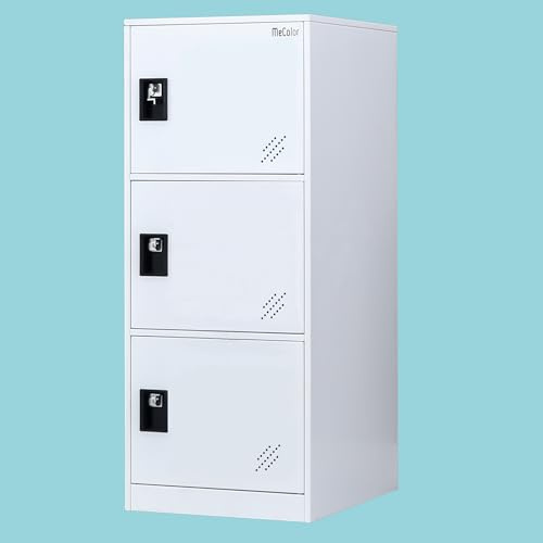 MECOLOR Petit casier Vertical avec Cadenas, Petit casier pour la Maison, casier de Gym, Armoire de Rangement pour Bureau, casier de Rangement à 2 ou 3 Niveaux (Blanc Complet, P3V)