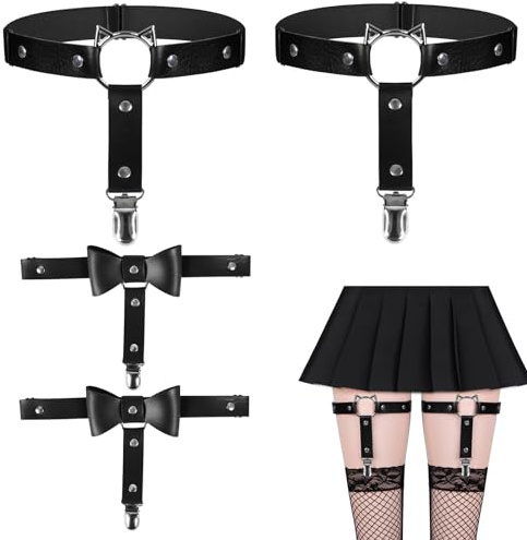 EULAPGOE 4 Stück Verstellbarer Elastischer Bein Strumpfband, Schwarzer Punk Leder Beinschlaufen mit Metallclip, Liebe Typ Elastische Oberschenkel Strumpfbänder