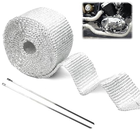 Nastro Isolante Termico, 5m x 5cm Nastro Termico Isolante con 2 Fascette Moto Nastro Benda Isolamento Termico Collettori di Scarico per Collettori di Scarico Moto e Auto, 1 Pezzi, Bianco
