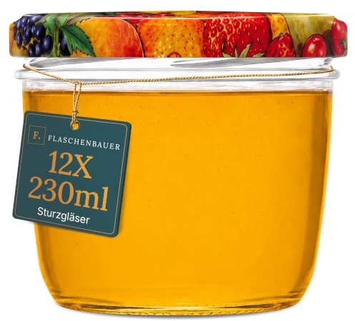 Flaschenbauer - Einmachgläser 230ml 12er Set - Marmeladengläser mit farbigen Deckel, Schraubgläser, Joghurtgläser, Einkochgläser zur Aufbewahrung, mit Twist-Off-Deckel - Made in Germany (Obstdekor)