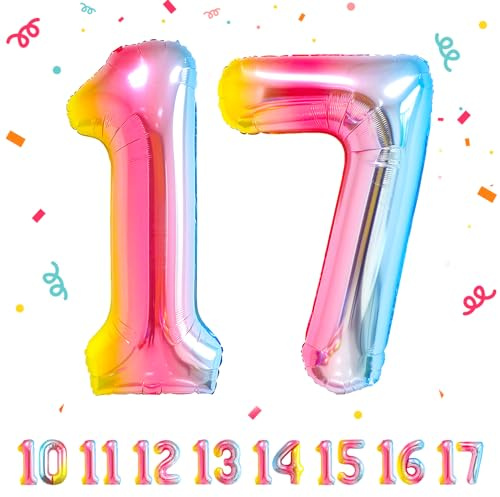 17 Geburtstag Deko zahlen luftballon 17 jahre | Folienballon Regenbogen - für 17. Geburtstagsdeko Männer Frauen Ballon Zahl Deko zum Geburtstag fliegt mit Helium 17.Geburtstagsparty 40-101cm