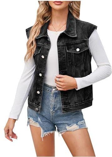 2024 Veste en Jean sans Manches pour Femme Veste en Jean sans Manche Femme Court Gilet en Jean Femme Denim avec Poches Veste sans Manche Déchiré Boutonné Manteaux Boutons Gilet en Denim Lavé Femme