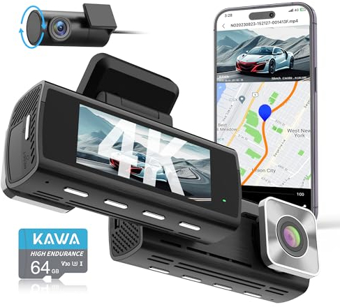 KAWA 4K Dashcam Auto Vorne Hinten,AI-ISP Echtfarben-Nachtsicht, 4K+1080P WiFi Dual Dashcam, Inklusive 64GB SD-Karte, mit GPS, 3.16'' IPS Bildschirm, Loop-Aufnahme, Notaufnahme, 24Std. Park Modus,D10