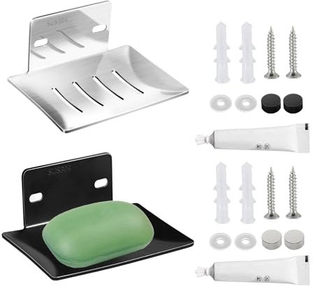 ZBHDEYG Soporte de jabón de 2 piezas, acero inoxidable, plateado, negro, montaje en pared, multifuncional, para baño y cocina