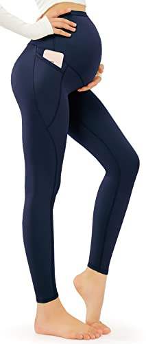 JOYSPELS Women's Maternity Leggings Over Bump with Pockets Soft Belly Support Yoga Pants Workout Pregnancy Gym Leggings UK Navy Blue L