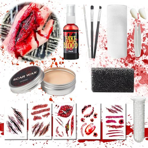 Kunstblut Halloween Schminke, Halloween Spezialeffekt Gesicht, 60ml Frisches Blut Spray, Makeup Haut Wachs, False Bandage, Spatula Tool, Vampirzähne, Make-up-Pinsel und Schwämme, 5 Wunden Narben