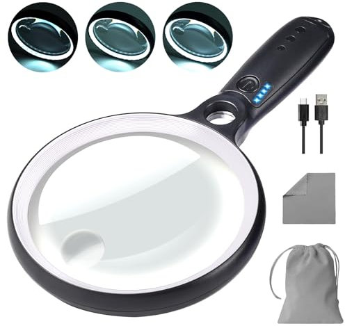 Large Magnifying Glass with 37 LED Light, 10X 20X 45X Handheld Illuminated Lighted Magnifier with 3 Light Modes Rechargeable Magnifying Glass for Seniors Reading, Inspection (White & Black)
