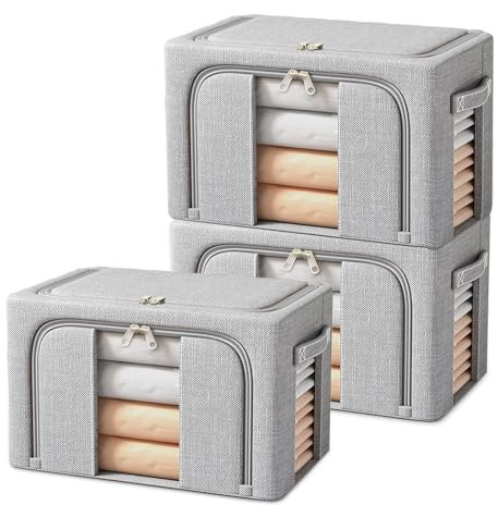 BOUDOI Foldable Storage Box,3 Pack Clothes Storage Boxes With Double Opening Zip And Clear Window, Sided Zip Top Lid, With Reinforced Handle for Storing Bedding, Blankets