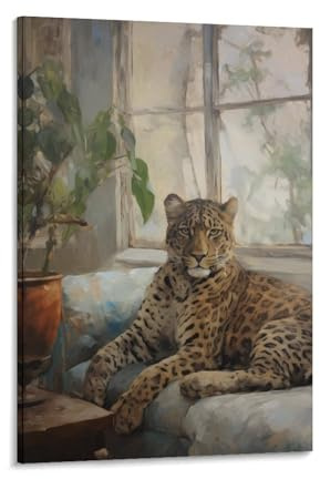 Leopard Sitting On Sofa Bohemian Interior Romanticism Style Poster Leopard Houseplants Vintage Style Tropical Maximalist Art Poster Canvas Poster Bedroom Decor Landscape Office Room Decor Gift 12x18in