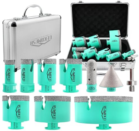 LEKOMESH Tile Hole Cutter Set - (20/25/35/40/50/68/110mm+20mm Finger Bit+50mm Chamfer Bit+HEX Adapter) Diamond Tile Hole Saw Kit for Porcelain Ceramic Marble Brick Concrete,M14 Thread