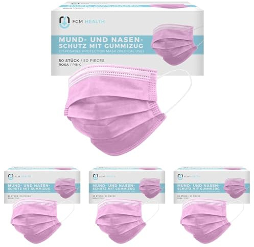 Mea Vita medizinischer Einweg Mund- und Nasenschutz Typ IIR, 200er Pack, 3-lagig, EN-14683, Einweg Maske, Gummizug (Rosa)