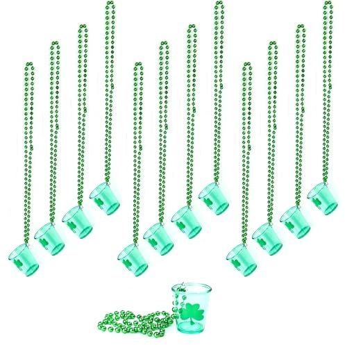 Lizzy 12 x St. Patrick’s Day Shot Glass with 80cm Bead Necklace Novelty Irish St. Patty Day Shamrock Drinking Glasses Reusable Ireland Drinking Gifts for Men Tequila Alcohol Lovers (12)