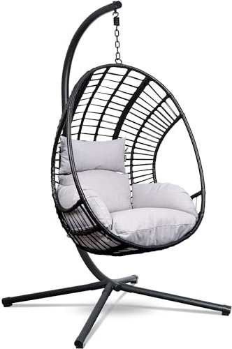 Swoods XXL Egg Hanging Chair - Hängstol med stativ - Inomhus och utomhus - Inklusive dynor - Äggstol - Väderbeständig - Äggstol - upp till 150 kg (Ljusgrå)