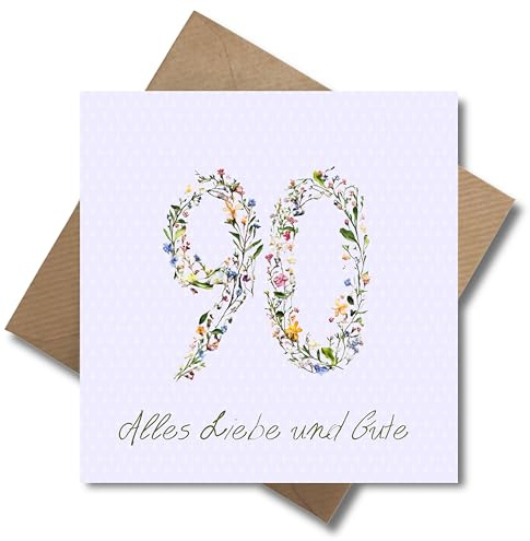 WBdesignz Geburtstagskarte 90 Jahre mit Umschlag – Florale Glückwunschkarte „Alles Liebe und Gute“ mit Blumen-Zahl und zartem Hintergrund (125 x 125 mm)