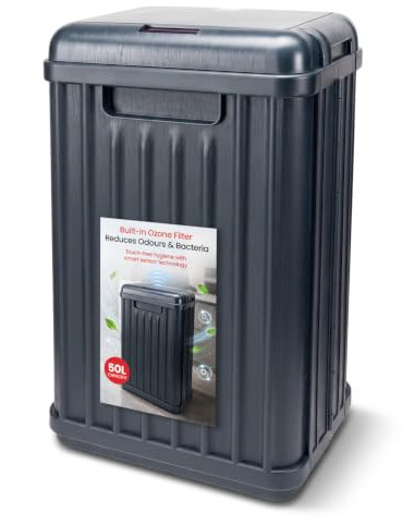 Sensio Home Grande poubelle étanche à détecteur de mouvement avec couvercle automatique, fonction ozone aide à neutraliser les bactéries, chambre à coucher, salle de bain, salon, bureau, noir 50 l