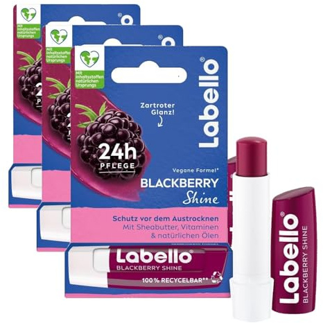 Labello Blackberry Shine Lippenpflegestift, Lippenpflege mit zartrotem Glanz für 24h Feuchtigkeit, pflegender Lippenbalsam mit Sheabutter und Brombeeraroma (4,8 g) (Packung mit 3)