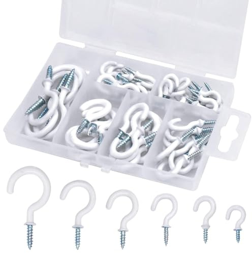 Angelkiss 70 Stück Schraubhaken 6 verschiedene Größen,Weiße Deckenhaken aus Metal.Wandhaken zum Schrauben, Cup Haken Schrauben,Für Haushalt & Büro（Weiße）