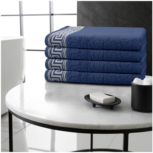 GC GAVENO CAVAILIA Greek Key Bath Towels 4 Pack Large 500 GSM Towels with Quick Dry & Super Absorbent Finish, Soft 100% Egyptian Cotton Bathroom Towel Set, Luxurious Feel - 66 x 115 CM - Navy