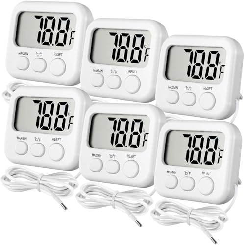 Kingdder 6 Pack Digital Thermometer with Magnetic Back External Sensor Fridge Thermometer Freezer Waterproof Room Temperature Monitor with LCD Display, Max/min Record Function for Kitchen Aquarium