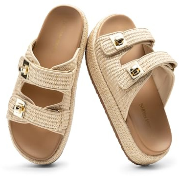 DREAM PAIRS Platform Sandals Women Raffia Espadrilles Summer Comfortable Wedge Sandals Beach Vacation Adjustable Buckle Cute Slide Sandals,Size 7,Natural,SDWS26010W