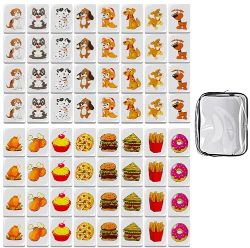 XUXLEKK 65 Blocchi Seaside Escape Game, Mahjong Gioco da Tavolo, 30mm Blocchi di Fuga da Gioco, Set di Giochi Mahjong con Adesivo, Mahjong con Motivi di Cani e Cibo, Mini Mahjongs per Famiglia, Viaggi