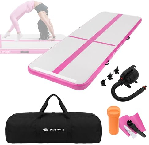 ECD Germany Uppblåsbar luftmatta Gymnastikmatta Air Matte Track 3 m Rosa 10 cm tjock yogamatta träningsmatta tumblingmatta pilatesmatta fitnessmatta sportmatta för hem gym inkl bärväska och luftpump