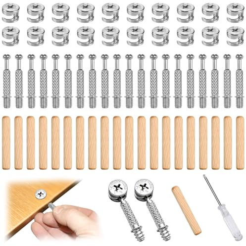 Amentalove 80 Pezzi Connettore Eccentrico per Mobili con Eccentrica Connettore da Ø 15 mm, Viti di Fissaggio M6, Cavicchi in Legno da Ø 8 mm e un Cacciavite, Robusto e Resistente per Cassetti e Armadi