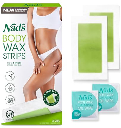 Nad's Body Wax Strips Hair Removal For Women All Skin Types, 20 Waxing Strips + 4 Calming Oil Wipes