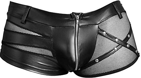 Orion Herren-Pants - erotische Boxer-Shorts für Männer, mit Front-Reißverschluss, unterlegtem Netz-Stoff, Leder-Gürtel, Nieten-Verzierungen, schwarz