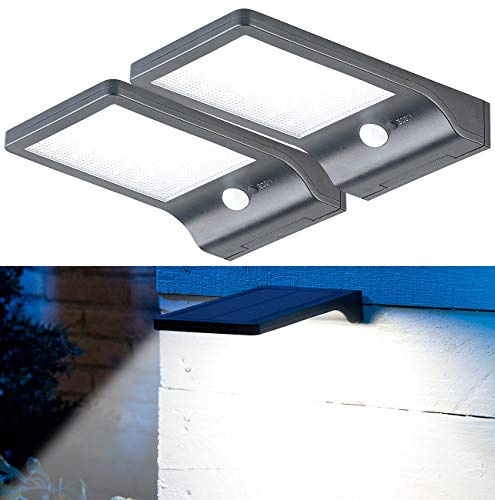 Lunartec LED Bewegungsmelder: 2er-Set Solar-LED-Wandleuchten, PIR-Sensor & Nachtlicht, IP44, 350 lm (Solar-Nachtlicht außen, Solarbewegungsmelderlampe, Akkus)