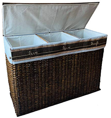Handcrafted Wicker Oversized 3 Section Divided Laundry Hamper Sorter and Organizer Handwoven Rattan Basket with Lid, Cloth Liner and Coconut Buttons, Jute Rope, and Raffia Weave Accent