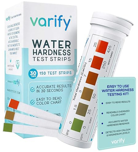Varify Water Hardness Test Kit - Water Testing Kit for Home, Drinking, Well, Spa, Swimming Pool, Softener, Dishwasher & More - Hard Water Test Strips for Calcium, Magnesium etc (0-425 pmm, 150 Strips)